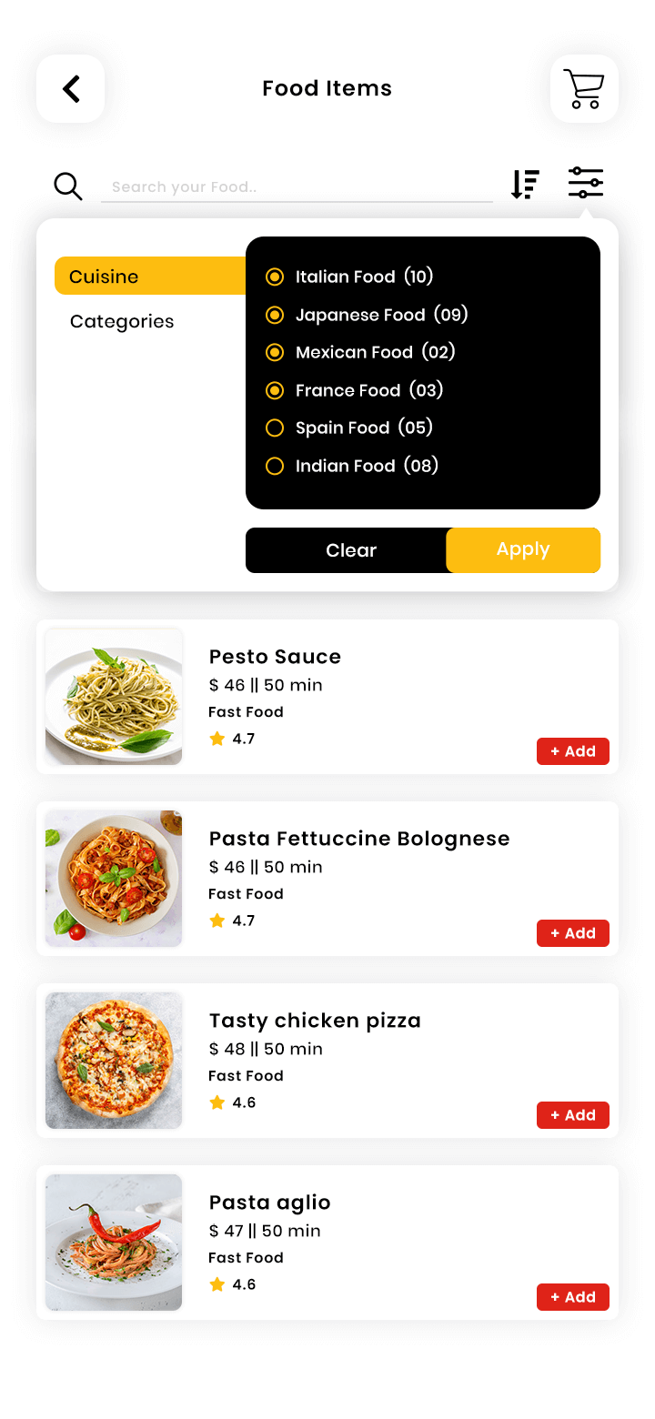 Food Delivery User App Filters