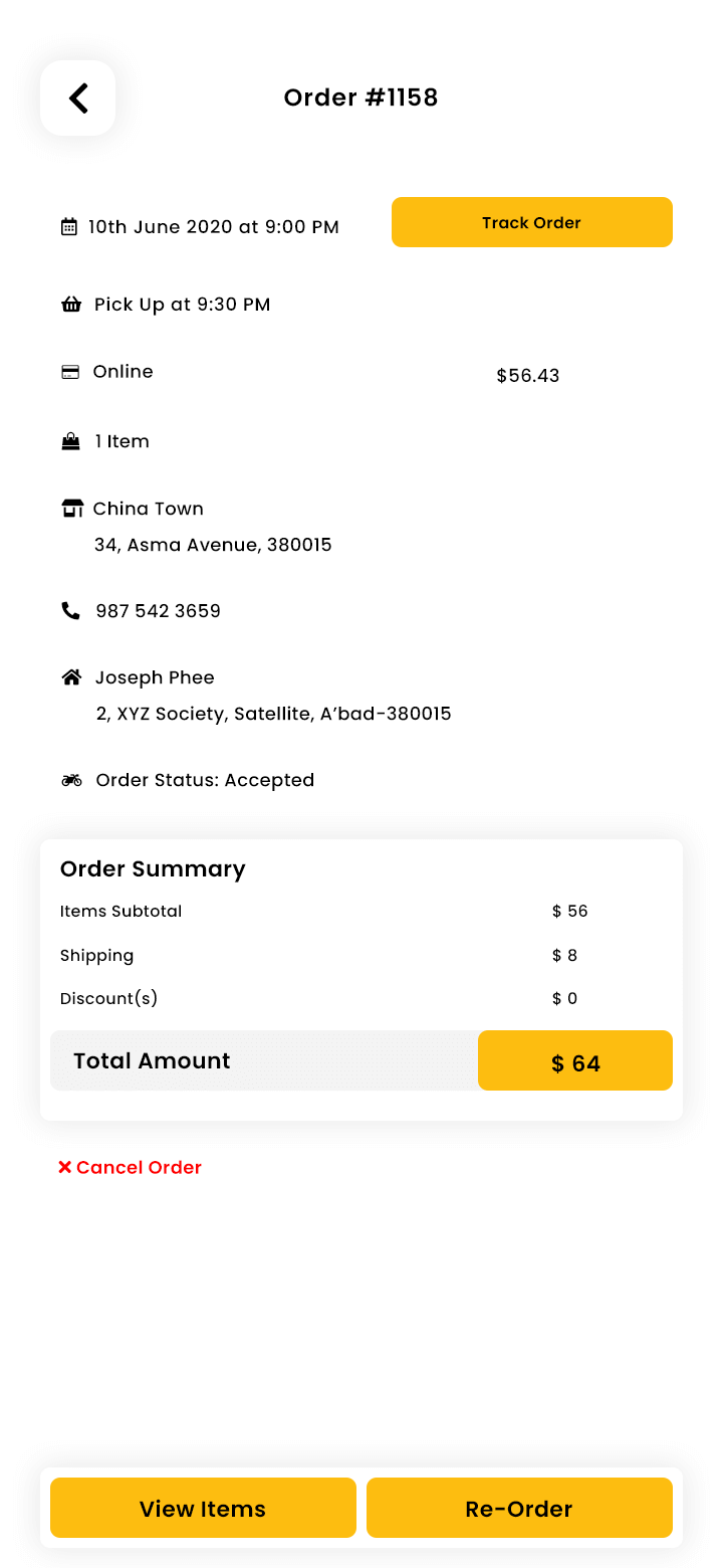 Food Delivery User App order